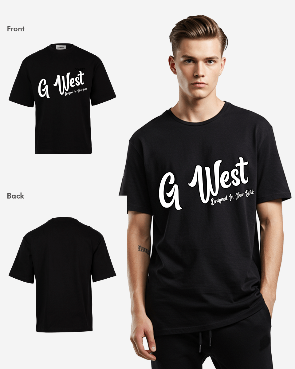 G West Oversized Cursive Logo Black Tee - G West