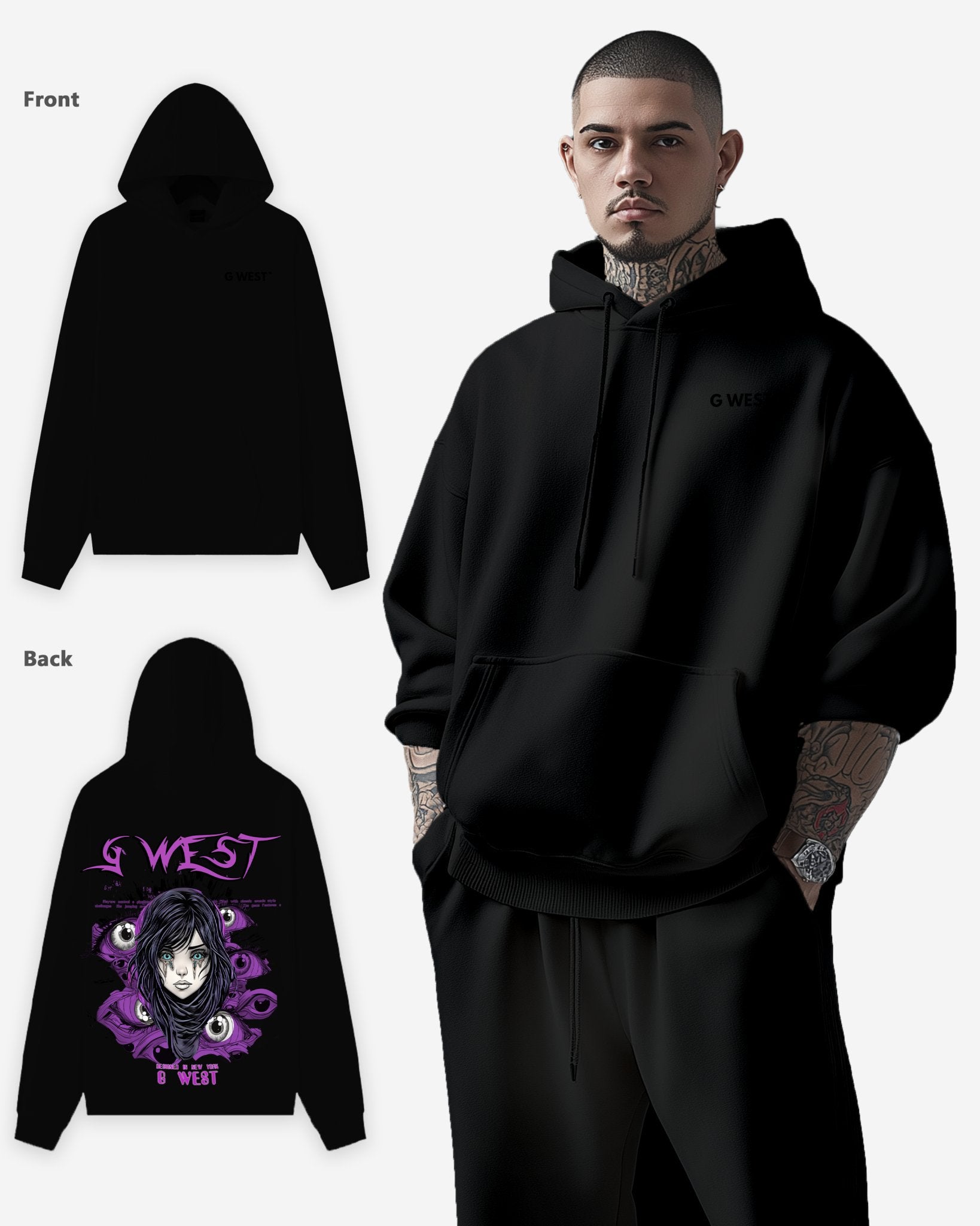 G WEST PURPLE EYE BLACK OVERSIZE HOODIE - G West