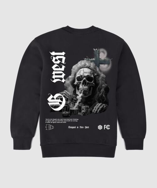 G West Smoke Skull Fleece Crewneck With Invisible Zippers - Gwpcrwl9017 - 2 Colors - G West