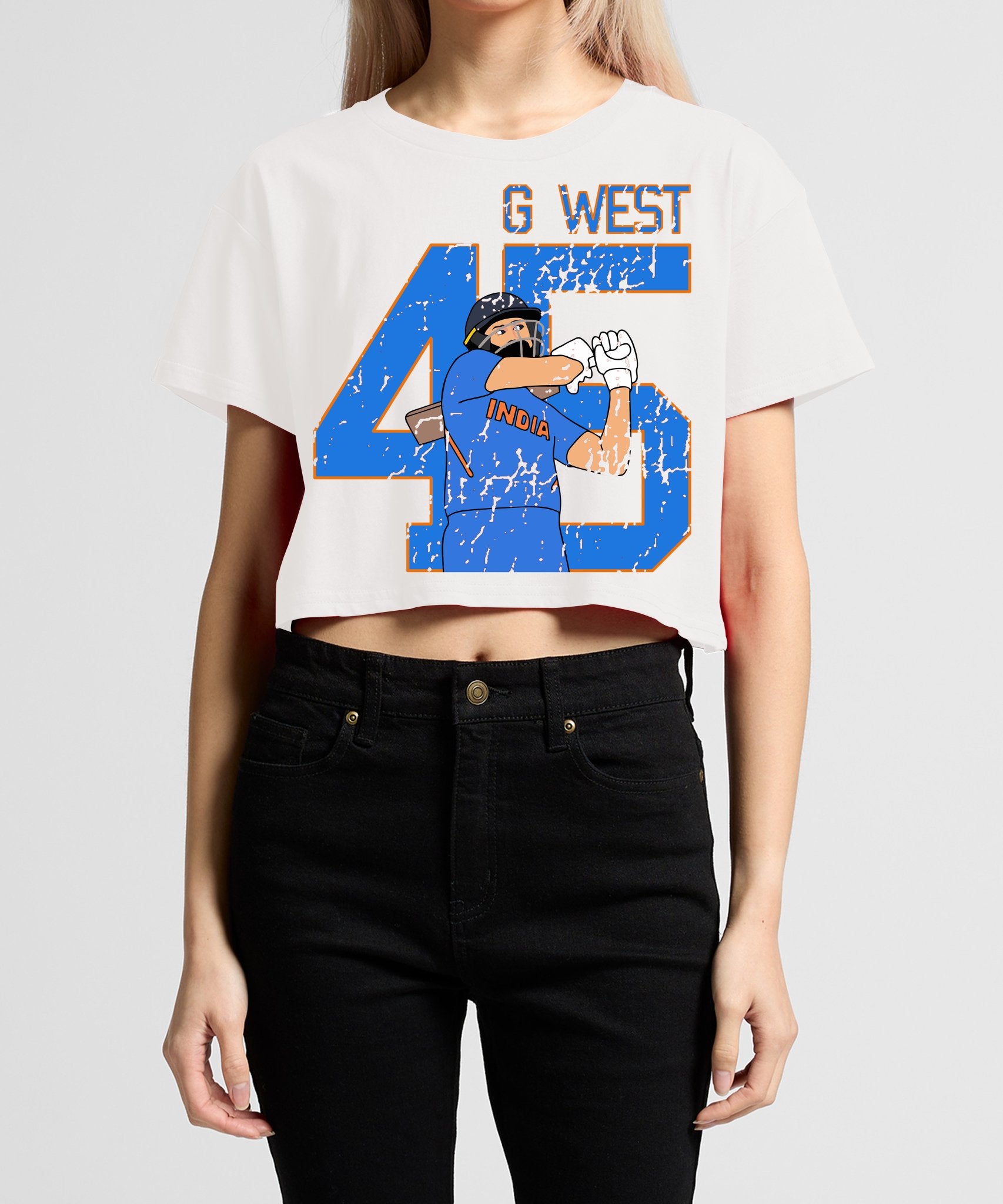 G West Women Cricket India King - 45 White Crop T - Shirt : GWWSCDTF2411 - G West