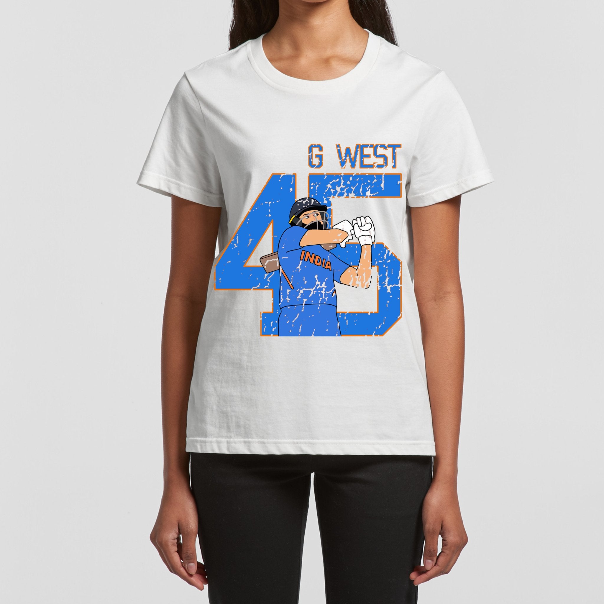 G West Women Cricket India King - 45 White T - Shirt : GWWBSDTF2411 - G West