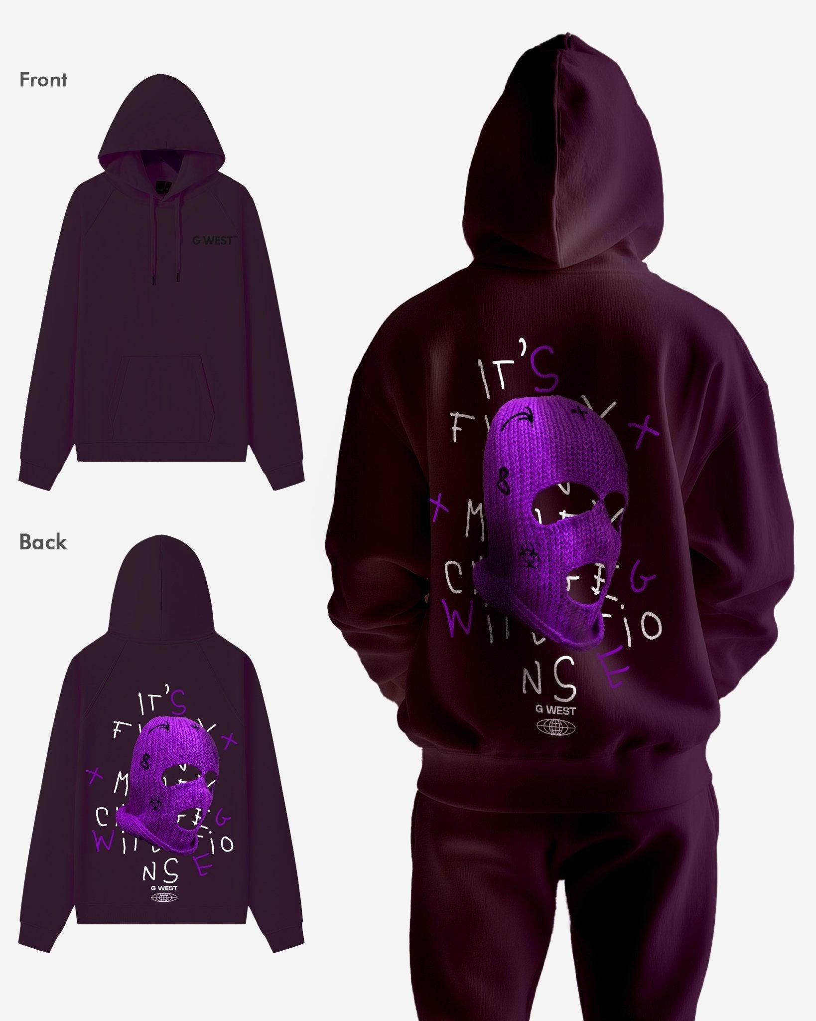 G WEST PURPLE SKI MASK HEAVY PREMIUM OVERSIZED HOODIE - G West