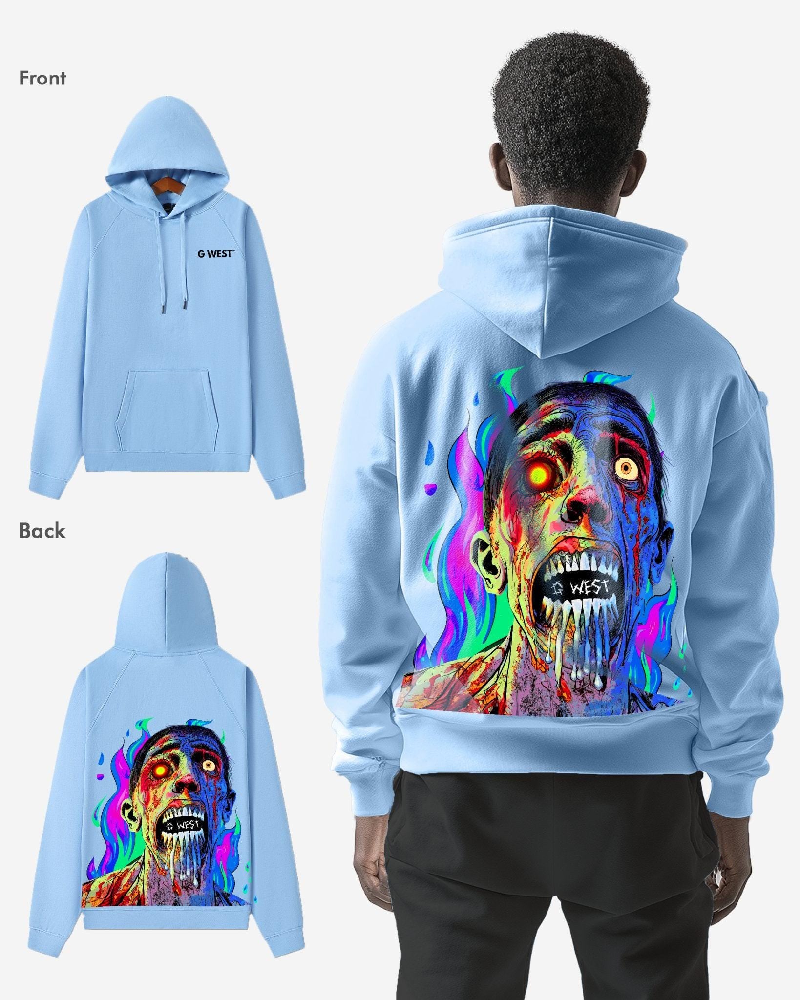 G WEST FLAMING ZOMBIE HOODIE MENS OVERSIZE STYLE - G West